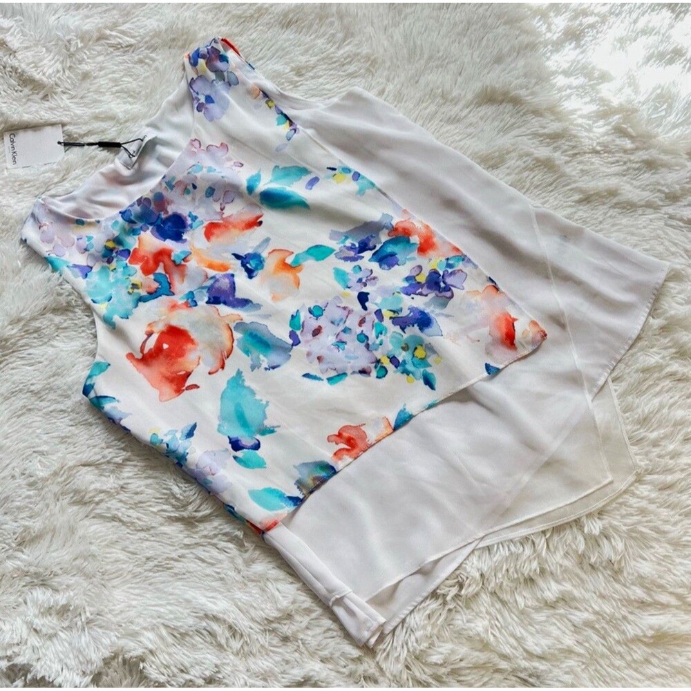 Calvin Klein Women Floral Chiffon Sleeveless Layered Lined Blouse M White